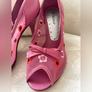 BCBGirls Women’s hot pink leather with mesh floral embroidered